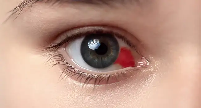 An eye with a subconjunctival haemorrhage, showing a red blood spot on the white part of the eye due to a broken blood vessel.